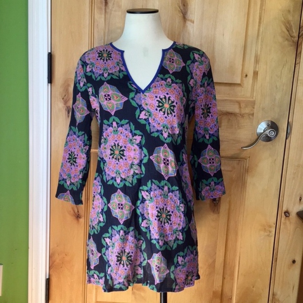 J CREW Navy Multi Mandala 3/4-Slv Tunic Top EUC XS